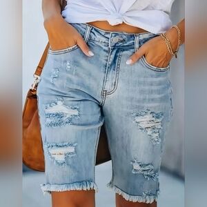 TRÏBE Distressed Denim Cotton Blend Bermuda Women Shorts Size XL